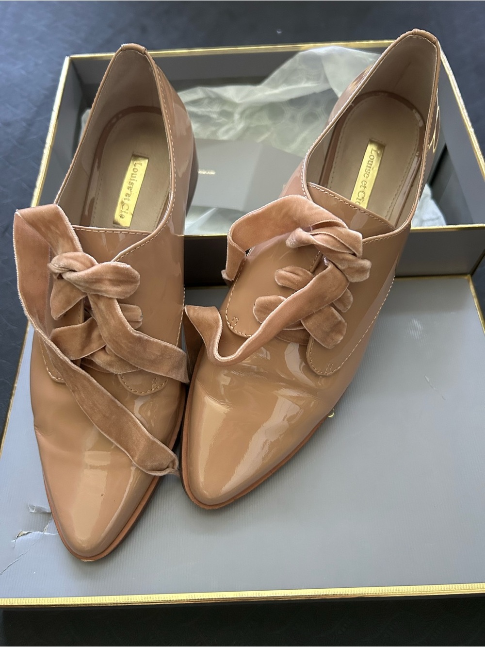 Louise et Cie Patent Pointed Oxford Flats with Velvet Ribbon Laces — Nude